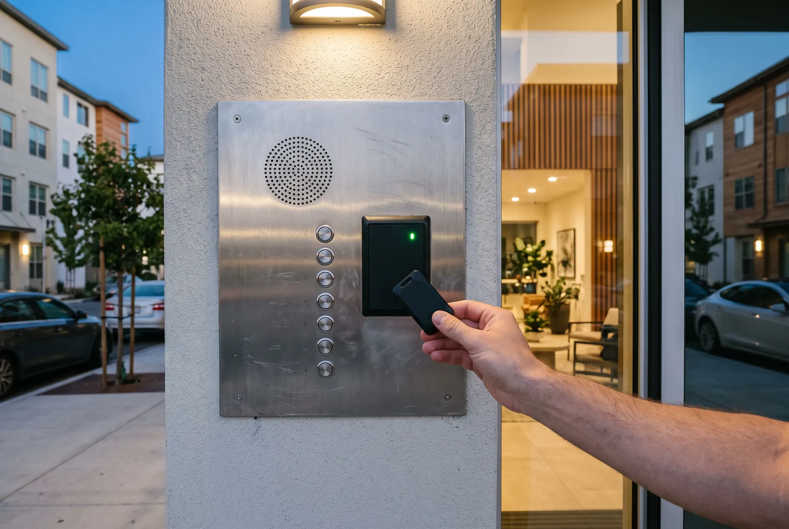 The entry panel beside a Mountain View lobby door: a brushed aluminum plate set into the wall, a card reader, a speaker grille and a column of call buttons, with a hand holding a plain fob a few inches from the reader.