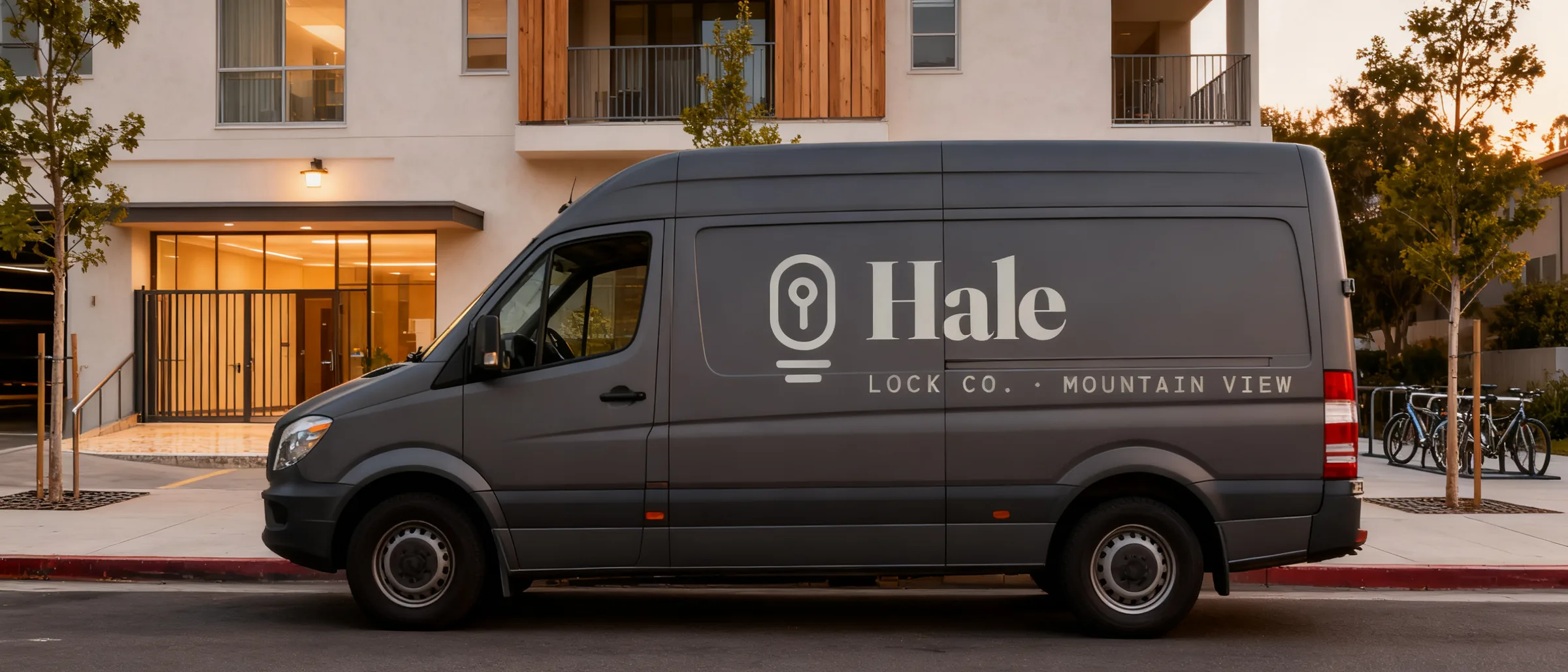Hale van parked at the curb on a Mountain View street at dusk
